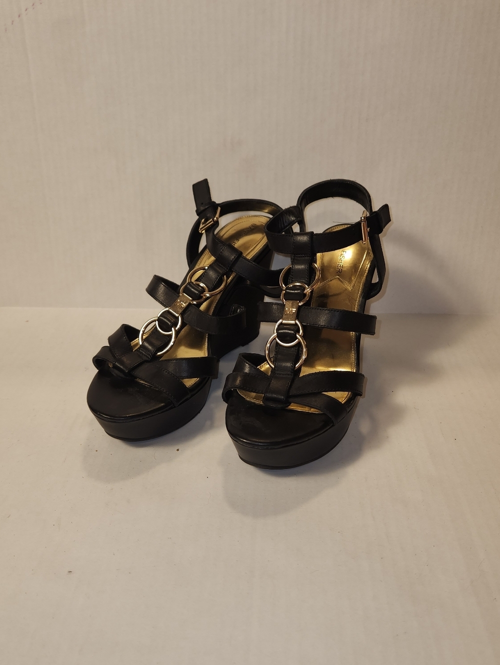 Marc Fisher Genny Black Leather Strappy Platform Wedge Sandals Sandals 8 EUC
